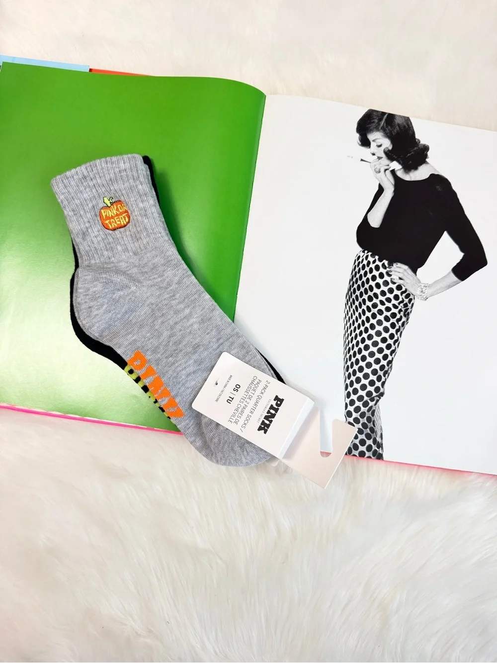 PINK Victoria's Secret Gray Ankle Socks with Orange Pineapple Accent